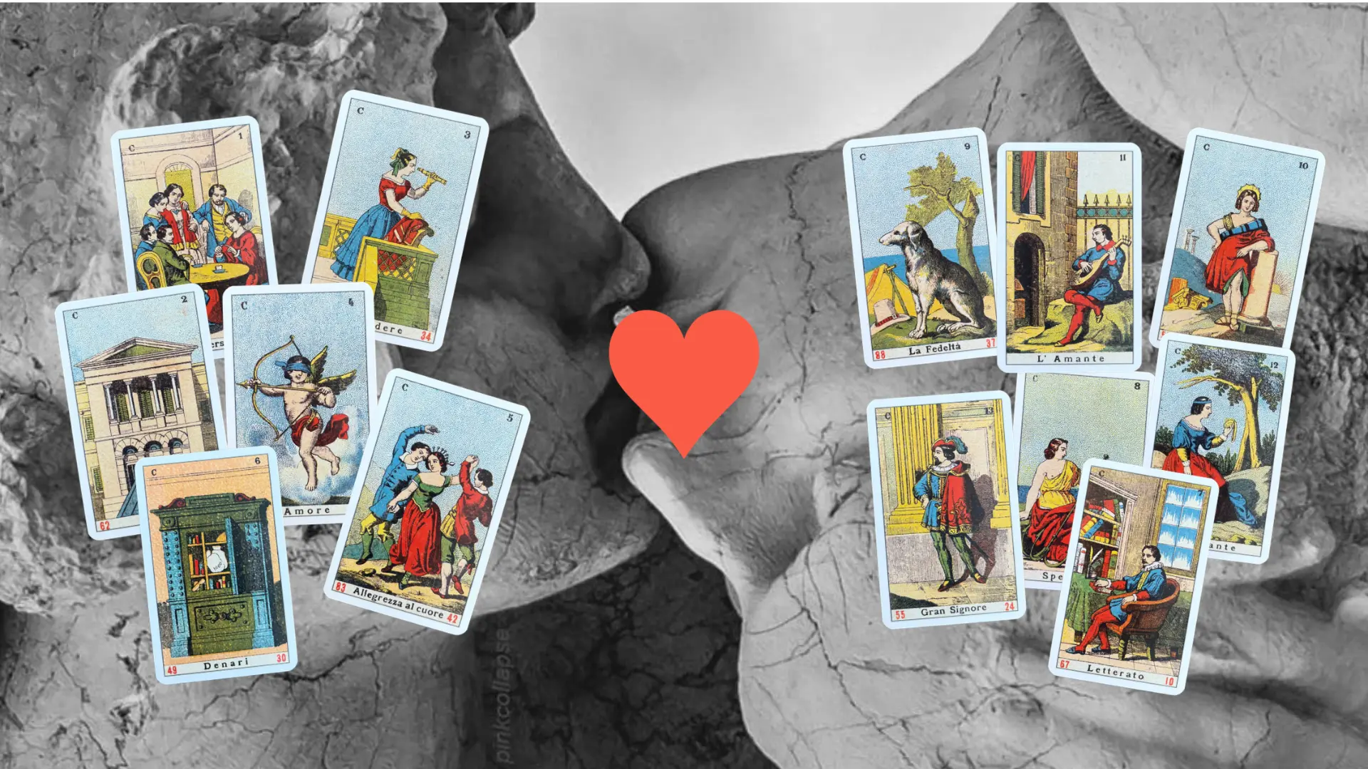 Cartas do naipe de Copas sobre uma colagem de esculturas com um coração ao centro