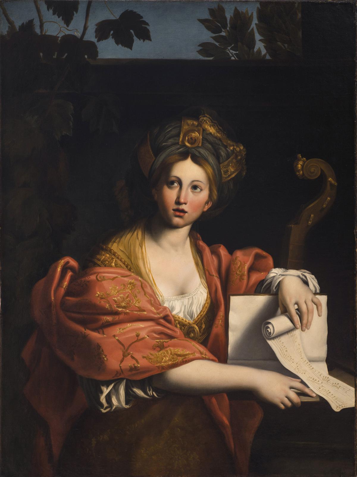 Pintura barroca da Sibila Cumana: mulher com turbante decorado e manto coral, segurando uma partitura diante de um livro aberto